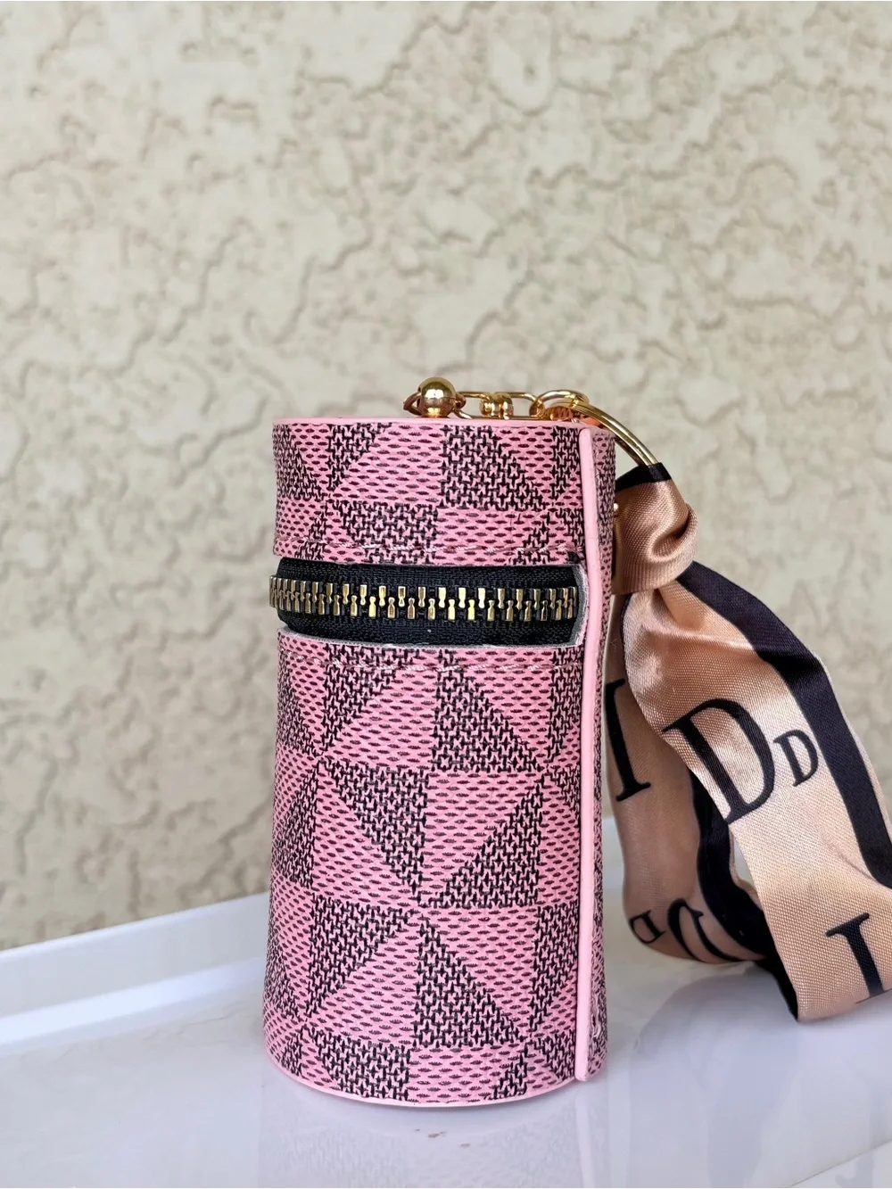 Pink Patterned Cylinder Compartment Bag with Scarf Accent